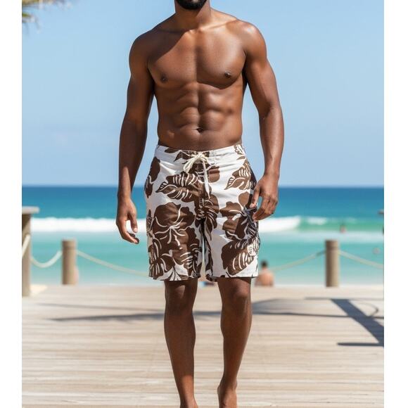 Quiksilver Men's Unlined Swim Trunks Size 36 Brown Leaf Print - Picture 1 of 16